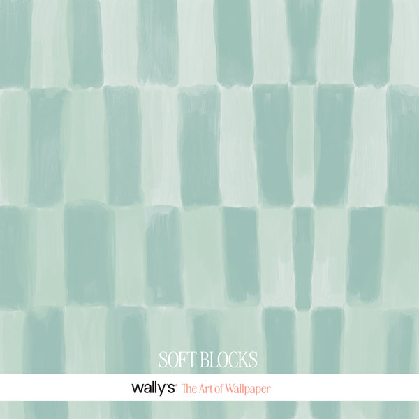 A repeating wallpaper pattern with soft mint green and off-white painted blocks, with the text 'SOFT BLOCKS' and 'wallys The Art of Wallpaper' at the bottom.
