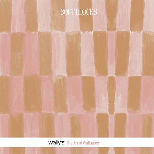 A wallpaper design preview titled 'SOFT BLOCKS' by wallys, featuring a hand-painted style pattern of vertical rectangular blocks in soft pink and warm tan/beige tones.