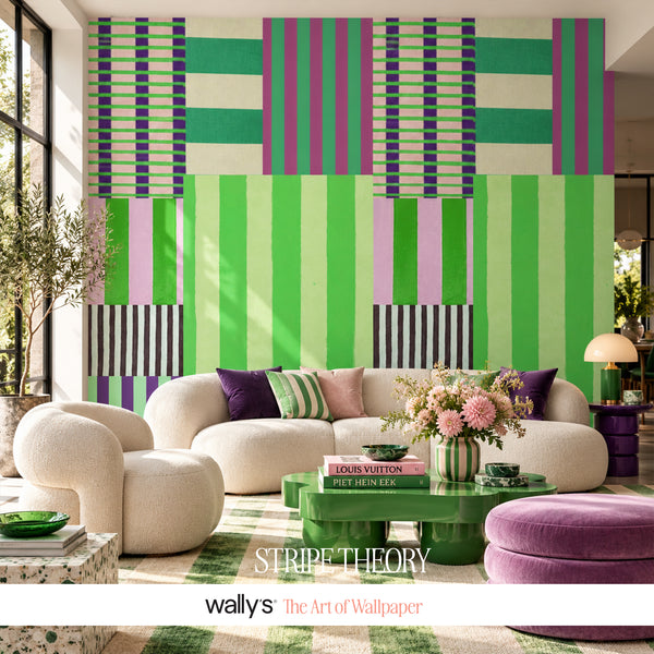 Stripe Theory colorful striped wallpaper in coral, pink, teal, blue and mustard with geometric patchwork blocks.