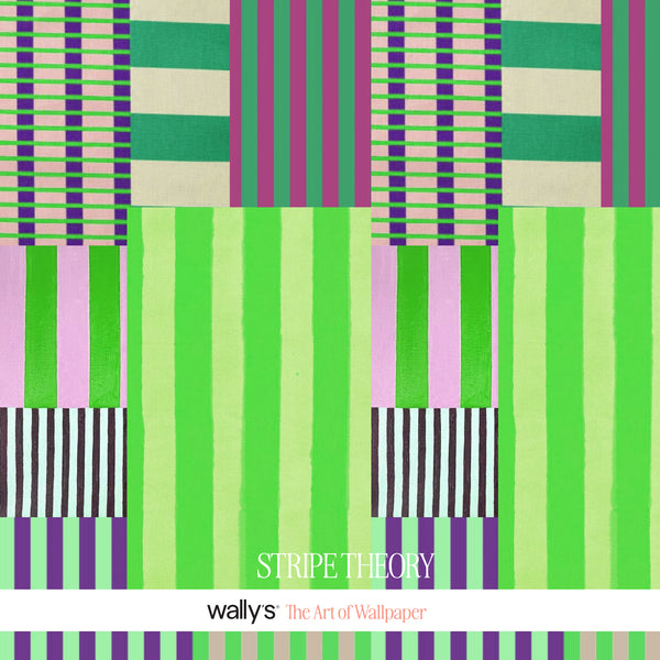Stripe Theory colorful striped wallpaper in coral, pink, teal, blue and mustard with geometric patchwork blocks.