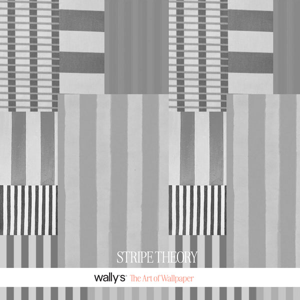 Stripe Theory grey geometric wallpaper with charcoal, silver and white stripes in an abstract patchwork design.