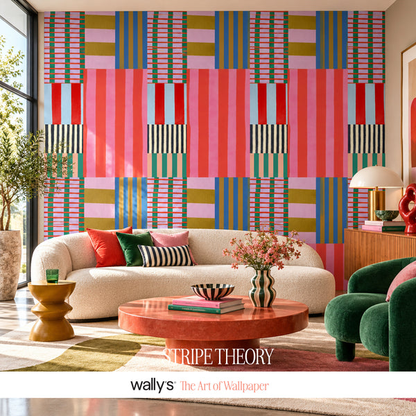 Stripe Theory colorful striped wallpaper in coral, pink, teal, blue and mustard with geometric patchwork blocks.