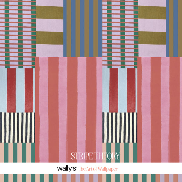 Stripe Theory colorful striped wallpaper in coral, pink, teal, blue and mustard with geometric patchwork blocks.
