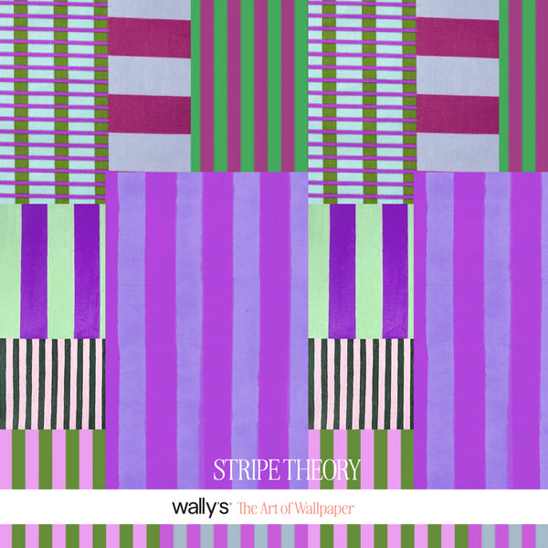 Stripe Theory purple geometric wallpaper with lilac, violet, magenta, mint green and olive striped blocks.