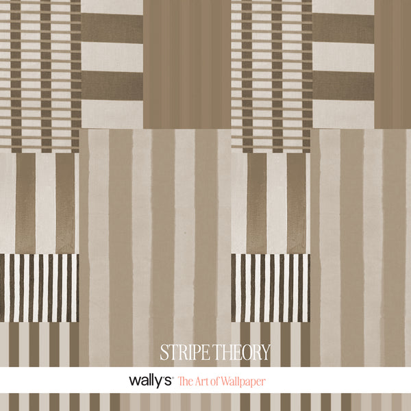 Stripe Theory monochrome geometric wallpaper with charcoal, silver and white stripes in an abstract patchwork design.