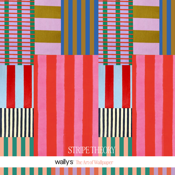 Stripe Theory colorful striped wallpaper in coral, pink, teal, blue and mustard with geometric patchwork blocks.