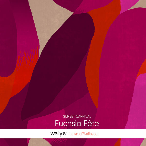 Abstract wallpaper design with flowing organic shapes in fuchsia, magenta, coral, and beige, with the text 'SUNSET CARNIVAL Fuchsia Fète' and the brand 'wallys The Art of Wallpaper' on a white band at the bottom.