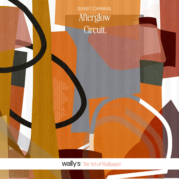 Abstract wallpaper design with overlapping geometric shapes in orange, mustard, gray, brown, white, and black, with text reading 'SUNSET CARNIVAL Afterglow Circuit.' and 'wallys The Art of Wallpaper' on a white band at the bottom.