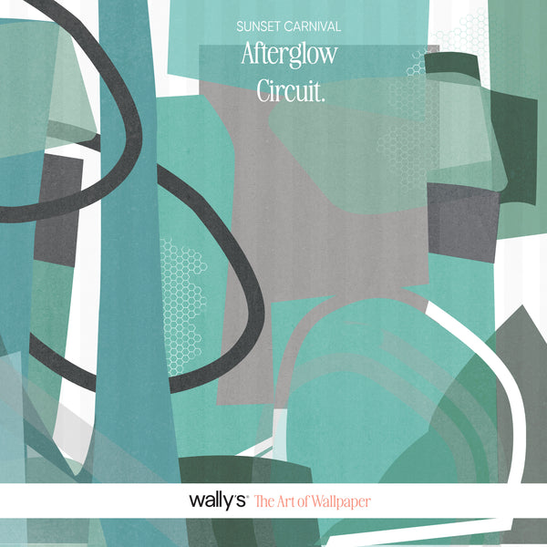 Abstract wallpaper design with layered geometric shapes in teal, mint green, gray, white, and black, featuring the text 'SUNSET CARNIVAL Afterglow Circuit.' and 'wallys The Art of Wallpaper' on a white band at the bottom.