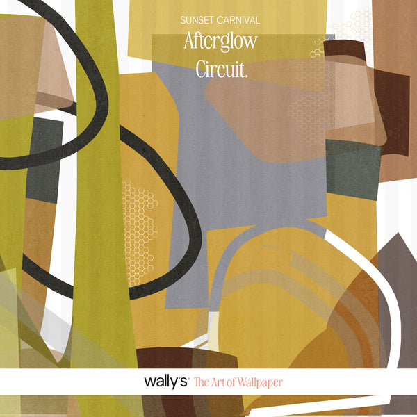 Abstract wallpaper design with overlapping geometric shapes in mustard yellow, olive green, taupe, gray, brown, white, and black. Text at the top reads 'SUNSET CARNIVAL Afterglow Circuit.