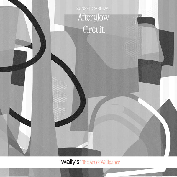 Abstract grayscale wallpaper design with overlapping geometric shapes, curved lines, and text reading 'SUNSET CARNIVAL Afterglow Circuit.' and 'wallys The Art of Wallpaper' on a white band at the bottom.
