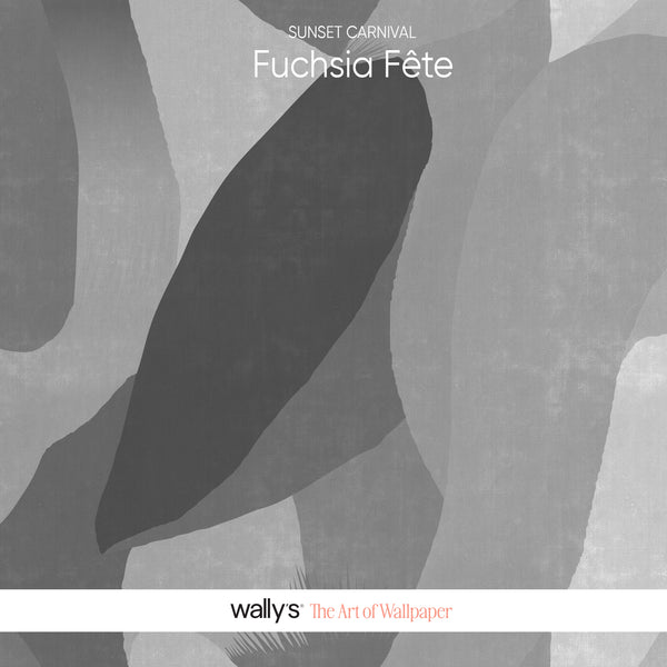 Gray and black abstract wallpaper design with the text 'SUNSET CARNIVAL Fuchsia Fète' at the top and 'wallys The Art of Wallpaper' on a white band at the bottom.