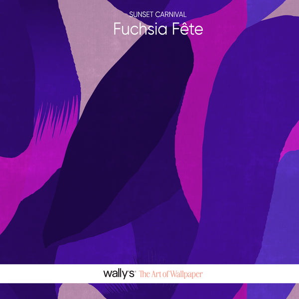 Abstract wallpaper design with flowing organic shapes in deep purple, violet, magenta, and lavender, with the text 'SUNSET CARNIVAL', 'Fuchsia Féte', and 'wallys The Art of Wallpaper' on a white band at the bottom.
Purple Fuchsia Fête abstract wallpaper in a modern games room