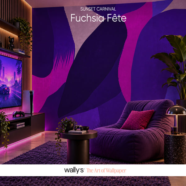 A modern living room featuring a bold abstract wallpaper mural in shades of fuchsia, purple, and magenta. The room is styled with a purple velvet lounge chair, a black TV stand with a glowing television, a small round coffee table, and potted plants.