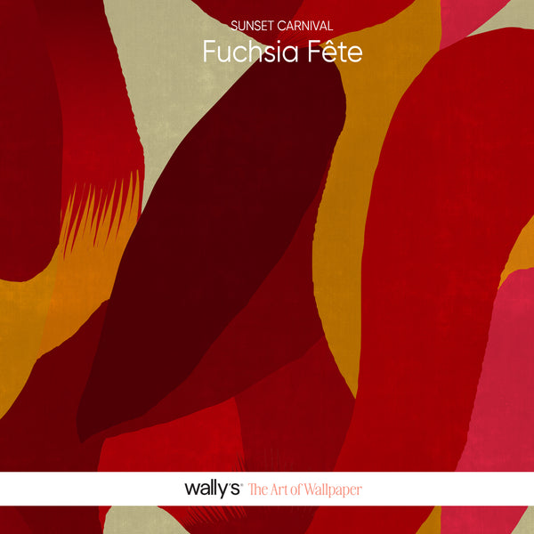 Abstract wallpaper design with bold organic shapes in red, burgundy, mustard yellow, and cream, with the text 'SUNSET CARNIVAL', 'Fuchsia Féte', and 'wallys The Art of Wallpaper' visible.