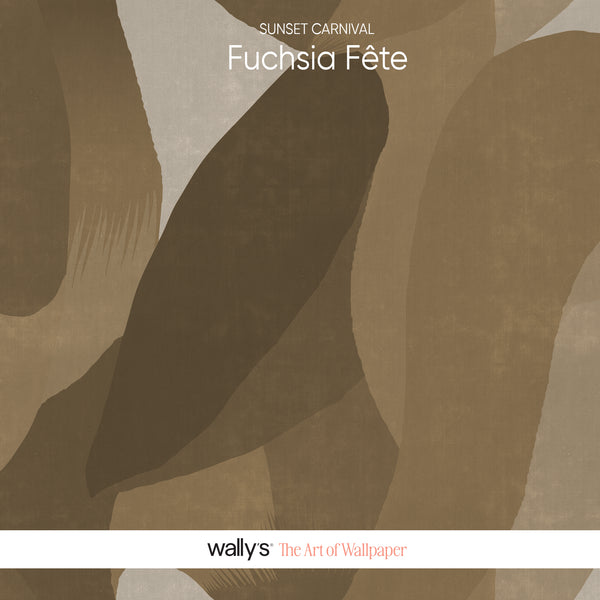Abstract wallpaper design with layered organic shapes in warm taupe, brown, cream, and muted fuchsia tones. Text at the top reads 'SUNSET CARNIVAL Fuchsia Fète,' and a white band at the bottom shows the brand 'wallys The Art of Wallpaper.