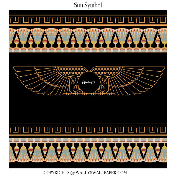 Egyptian-inspired sun symbol wallpaper design featuring a central winged sun motif on a black background, bordered by gold Greek key patterns and peach-and-blue lotus motifs. Text at top reads 'Sun Symbol' and copyright text at bottom shows Wally's wallpaper.