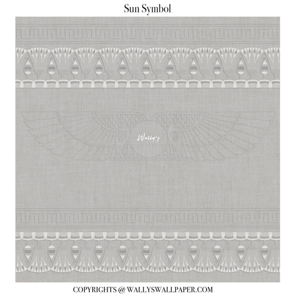 A square wallpaper sample with a light gray linen-like texture, featuring a central wing motif and decorative border bands at the top and bottom. The text 'Sun Symbol' appears above, and copyright text for Wally's Wallpaper is shown below.
