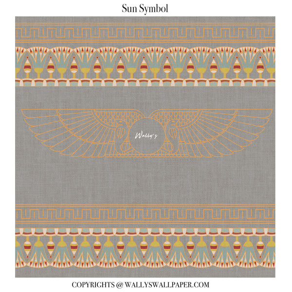 A square wallpaper or fabric design sample with the text 'Sun Symbol' at the top. The design features a gray linen-textured background with a central gold winged sun motif, decorated with orange and gold hieroglyphic-style borders at the top and bottom.