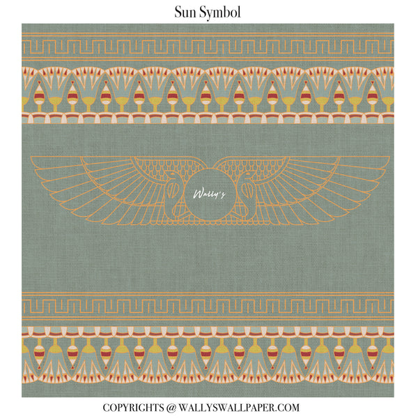 A square wallpaper design featuring an Egyptian-inspired sun motif with a large winged sun in the center, bordered by traditional geometric and floral patterns in terracotta, beige, and muted green-gray. The text 'Sun Symbol' appears at the top, and copyright text for Wally's Wallpaper is shown at the bottom.
