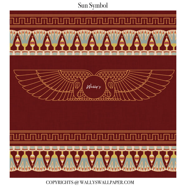 A square wallpaper design sample titled 'Sun Symbol' with a deep burgundy background, gold winged sun motif in the center, decorative gold and pale blue patterned borders, and copyright text at the bottom.