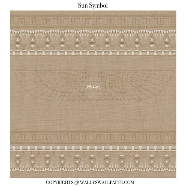 A square wallpaper sample titled 'Sun Symbol' showing a warm beige linen-like background with cream decorative bands, a central wing motif, and a Greek key border. The brand name 'Wally's' is visible in script on the artwork, with copyright text at the bottom.