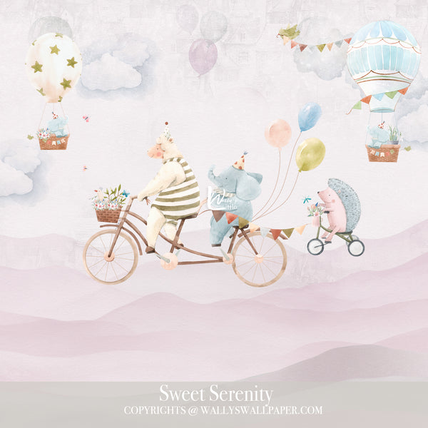 Kids wallpaper of a sheep and elephant and hetch hog ridding a bike with gallons and hotairballons , with Blue elephants , some flowers, and cute duck on a mountain background infant of nursery bed ,kids room decor, best wallpaper quality in Egypt and Dubai , durable wallpaper, custom wall murals, wallcovering 