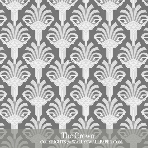 Geometric floral wallpaper design in green and terracotta tones with stylized palm motifs, styled in a modern living room with a green velvet sofa and minimalist decor. Design name: “The Crown” by Wally’s Wallpaper.