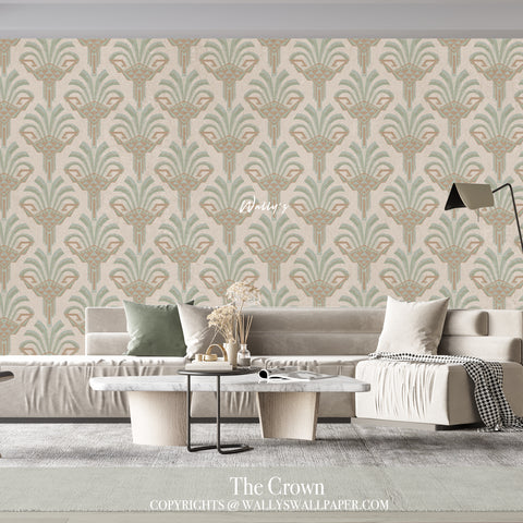 Geometric floral wallpaper design in green and terracotta tones with stylized palm motifs, styled in a modern living room with a green velvet sofa and minimalist decor. Design name: “The Crown” by Wally’s Wallpaper.