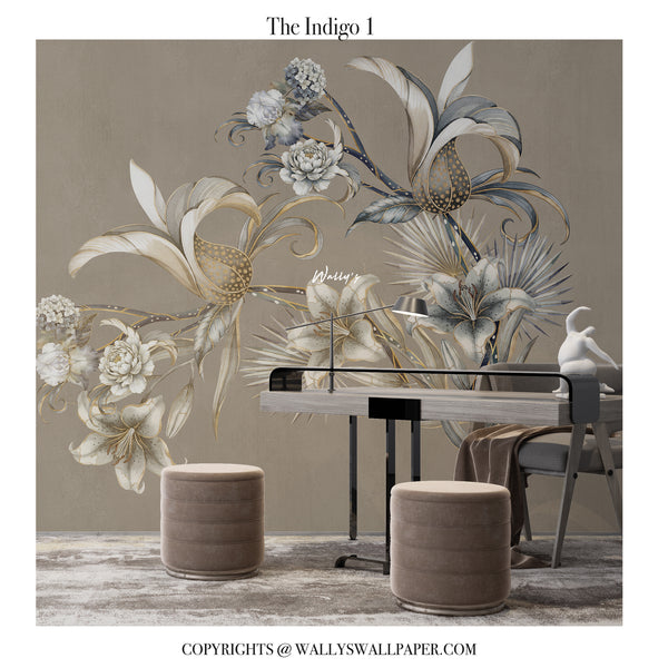 Beige floral wallpaper mural with soft gold botanical details for elegant interiors