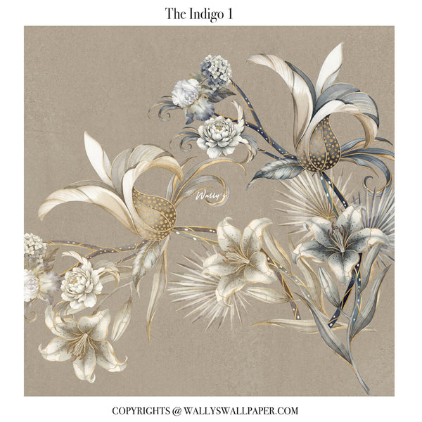 Beige floral wallpaper mural with soft gold botanical details for elegant interiors
