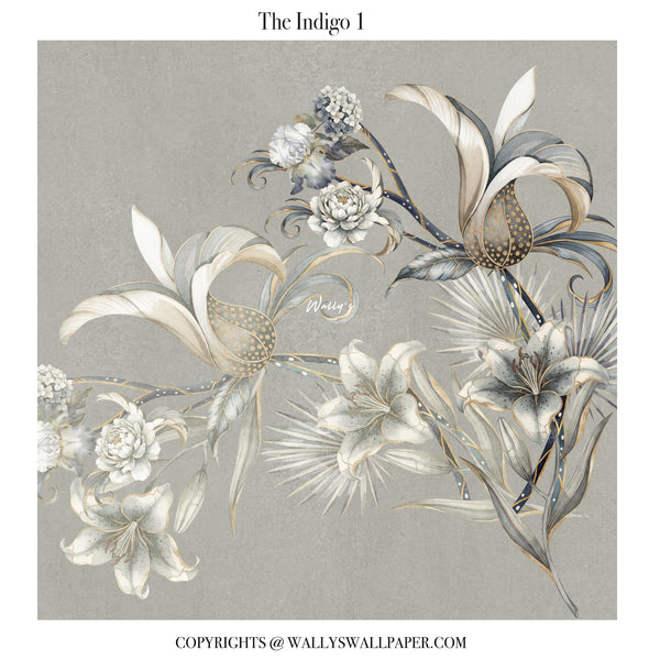 Grey floral wallpaper mural with soft gold botanical details for elegant interiors