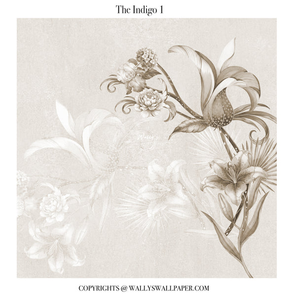 Beige floral wallpaper mural with soft gold botanical details for elegant interiors