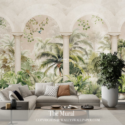 The Mural is wallpaper of garden with arches filled with palm trees and plants and house plants and some birds in front of sofa or bedroom perfect solutions for interior designer and homeowners Best wallpaper in Middle East, Egypt, Saudia Arabia 