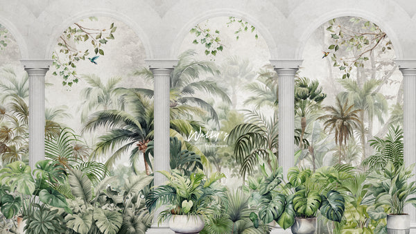 The Mural is wallpaper of garden with arches filled with palm trees and plants and house plants and some birds in front of sofa or bedroom perfect solutions for interior designer and homeowners Best wallpaper in Middle East, Egypt, Saudia Arabia 