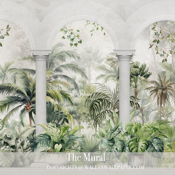 The Mural is wallpaper of garden with arches filled with palm trees and plants and house plants and some birds in front of sofa or bedroom perfect solutions for interior designer and homeowners 