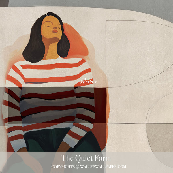 Abstract wallpaper featuring a woman in striped top sitting calmly, in warm earthy tones and minimalist geometric background – The Quiet Form by Wally’s Wallpaper.