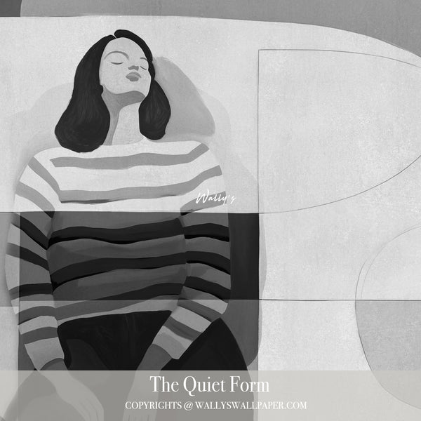 Abstract wallpaper featuring a woman in striped top sitting calmly, in warm earthy tones and minimalist geometric background – The Quiet Form by Wally’s Wallpaper.