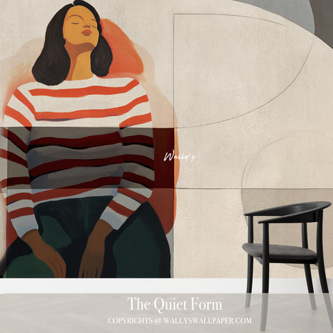 Abstract wallpaper featuring a woman in striped top sitting calmly, in warm earthy tones and minimalist geometric background – The Quiet Form by Wally’s Wallpaper.