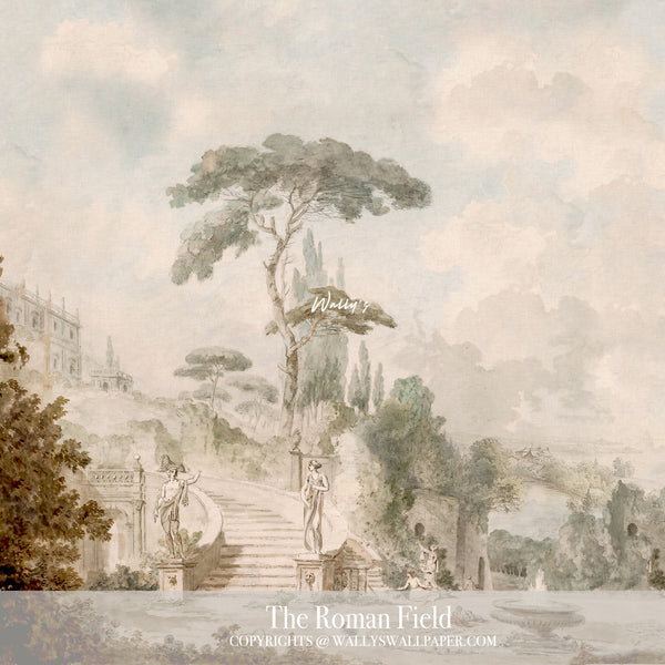 Elegant scenic wallpaper featuring a Roman-inspired landscape with soft neutral tones, tall trees, and classical figures — luxury wall mural by Wally’s Wallpaper Egypt.