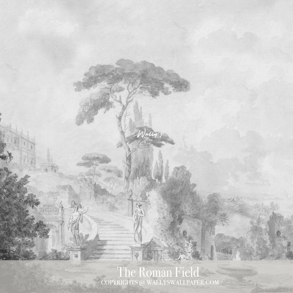Elegant scenic wallpaper featuring a Roman-inspired landscape with soft neutral tones, tall trees, and classical figures — luxury wall mural by Wally’s Wallpaper Egypt.