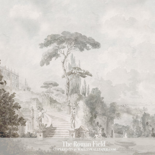 Elegant scenic wallpaper featuring a Roman-inspired landscape with soft neutral tones, tall trees, and classical figures — luxury wall mural by Wally’s Wallpaper Egypt.