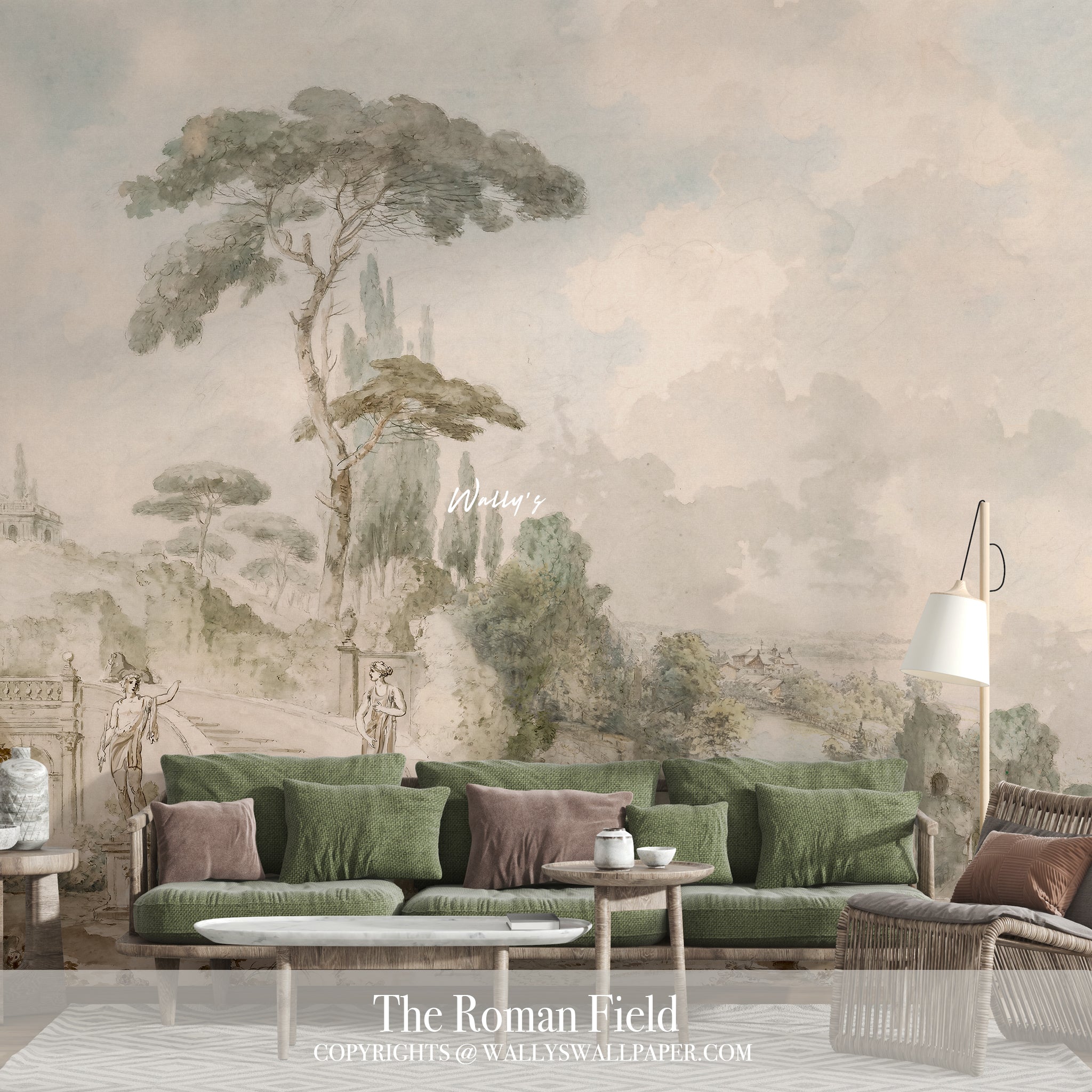 Elegant scenic wallpaper featuring a Roman-inspired landscape with soft neutral tones, tall trees, and classical figures — luxury wall mural by Wally’s Wallpaper Egypt.