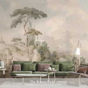 Elegant scenic wallpaper featuring a Roman-inspired landscape with soft neutral tones, tall trees, and classical figures — luxury wall mural by Wally’s Wallpaper Egypt.