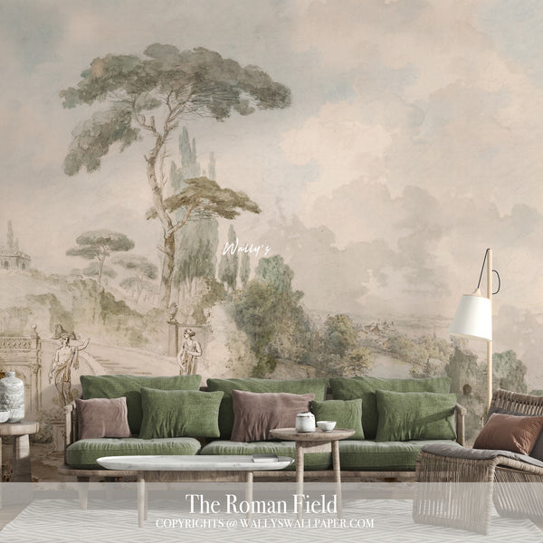 Elegant scenic wallpaper featuring a Roman-inspired landscape with soft neutral tones, tall trees, and classical figures — luxury wall mural by Wally’s Wallpaper Egypt.