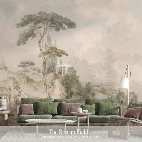 Elegant scenic wallpaper featuring a Roman-inspired landscape with soft neutral tones, tall trees, and classical figures — luxury wall mural by Wally’s Wallpaper Egypt.