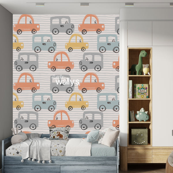 Tiny Traffic kids car wallpaper by Little Wally’s featuring hand-drawn orange, blue, mustard and grey cars in a modern children’s bedroom