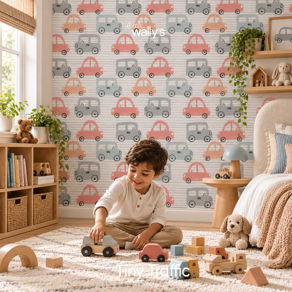 Tiny Traffic kids car wallpaper by Little Wally’s featuring hand-drawn orange, blue, mustard and grey cars in a modern children’s bedroom