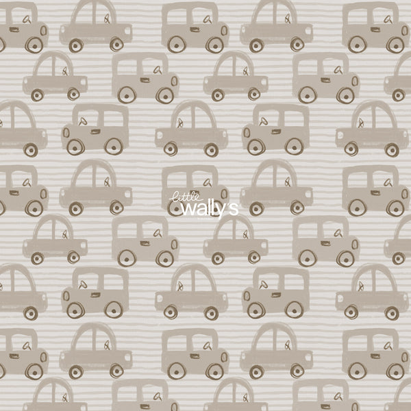 Tiny Traffic kids car wallpaper by Little Wally’s featuring hand-drawn orange, blue, mustard and grey cars in a modern children’s bedroom