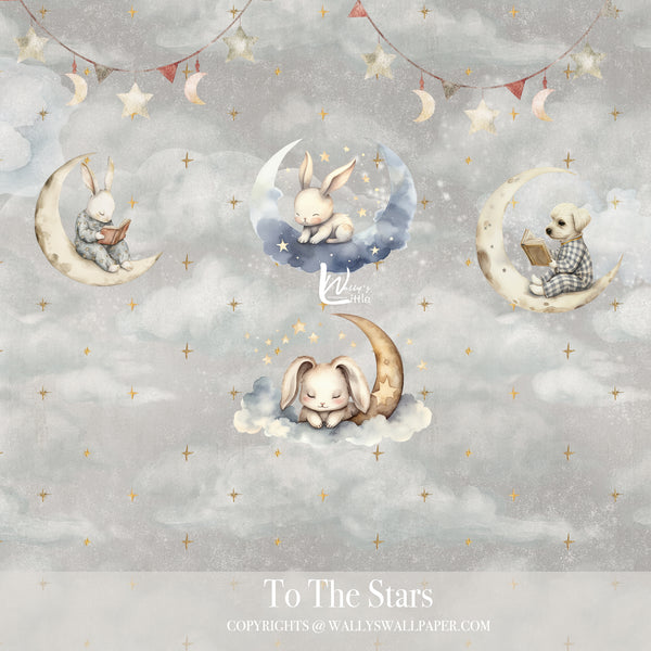 wallp[aper for nursery room with cute bunnies and dog over the moon with stars and clouds comes in 3 colors , Grey, Beige, Pink , blue perfect wallpaper for kids rooms , best wall mural quality in Egypt and Middle East 